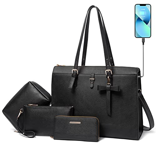 Keyli Laptop Tote Bag for Women Waterproof Leather Work Laptop Briefcase with Built-in USB Charging Port Computer Shoulder Bags Fits 15.6 Inch, Business Handbag Purse 4pcs Set Black