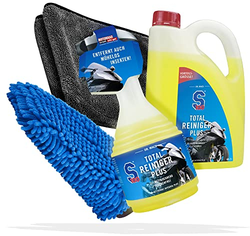 Motorrad Reinigung & Trocknen Bundle - Dr. Wack S100 Total Reiniger 0,75 Liter + S100 Total Reiniger Plus 2 Liter + detailmate Trockentuch, extrem saugfähig + Waschhandschuh