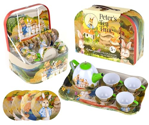 Regal Games Peter's Tea Party Set - Peter Rabbit Designed Kid's Tea Time Set - Includes 1 Teapot, 4 Cups, 4 Saucers, 1 Platter & Storage Case - Ideal Birthday & Easter Gift for Ages 5+