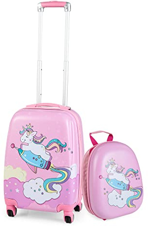 GYMAX 2Pcs Kids Luggage Set (Pink, 12 & 18) | 16/18 & 12 Girls Suitcase and Backpack Set with 4 Spinner Wheels, Hard Shell Children Trolley Case for Travel School