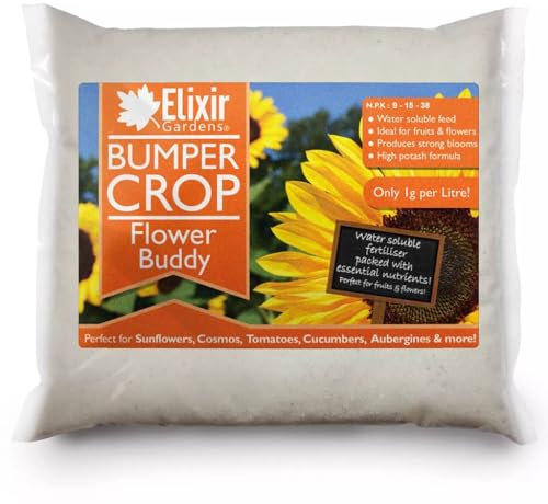 Elixir Gardens Soluble Flower Buddy Fertiliser | High Potash Flower & Fruit Feed | Boost Yield | NPK 9-15-38 + TE (1-2-3) | Various Sizes 500g-25kg (1kg Tub)