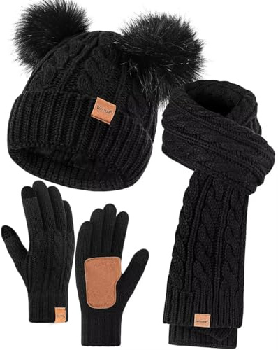Winter Hat Scarf Glove Set for Women, Warm Fleece Lined Womens Beanie Hat with Double Pom Pom, Gloves with Touchscreen Fingers, Knit Scarf Neck Warmer, Xmas Gift Set for Cold Weather-Black