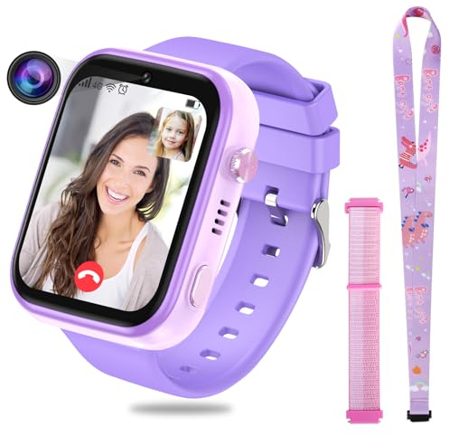OKYUK 4G Smartwatch für Kinder, GPS-Tracker, mehrere Desktop-Stile zur Auswahl, Zwei-Wege-Anrufe, Bildkompetenz, SOS, WLAN, wasserdichter Touchscreen für 4–12 Jungen und Mädchen (Blau) (T45 Lila)