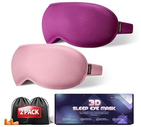 Weighted Eye Mask for Sleeping 2 Pack - 3D Contoured Sleep Masks for Women Men, Blackout Eye Mask for Travel, Meditation, Airplane, Memory Foam, Adjustable Strap Purple Pink