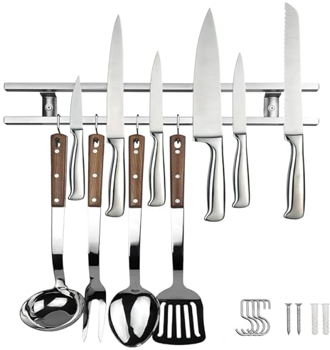 Magnetleiste Messer, 40cm Edelstahl Messerhalter Magnetisch，Magnetischer Messerhalter Doppelschienen, Hakenleiste Küche mit 4 Haken, Magnet Messerhalter Wand für Küchenmesser oder Werkzeuge