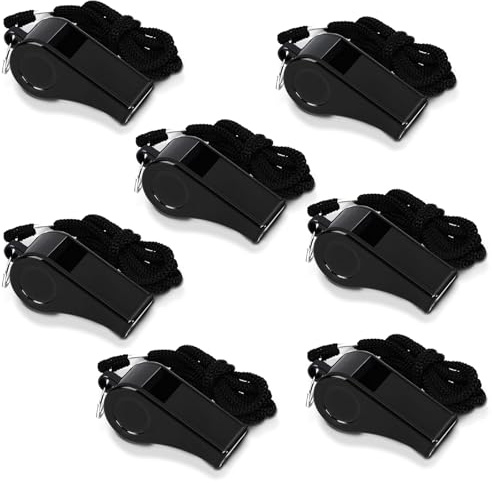 SANNIX Whistles, 7 Pack Plastic Coaches Whistles with Lanyard Sports Whistle Loud Crisp Sound Whistles for Referees Training Gyms Emergency, Black
