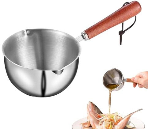 HOMURY 300ML Edelstahl Klein Öltopf: Milchpfanne mit Holzgriff für Gasherde, Stielkasserolle, Kochtopf Antihaft Kasserolle zum Milchkanne Tee Kaffee Ei Kochtopf für Kleine Portionen