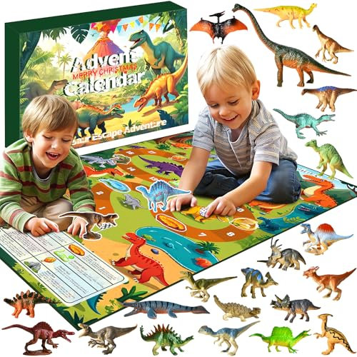 Dinosaurier Adventskalender Weihnachts Countdown Geschenkbox – Weihnachtliche Überraschung mit 24 Einzigartigen Dinosauriern und Bildungsinformationen – Familien-Würfelspiel mit Fluchtkarte