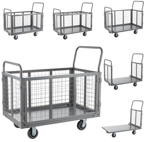 SmarketBuy Platform Truck Cart with Cage, 5 in 1 Heavy Duty Platform Carts with Cage 2000 LBS Capacity Foldable Push Cart Dolly with 5 Casters for Groceries/Garage/Warehouse