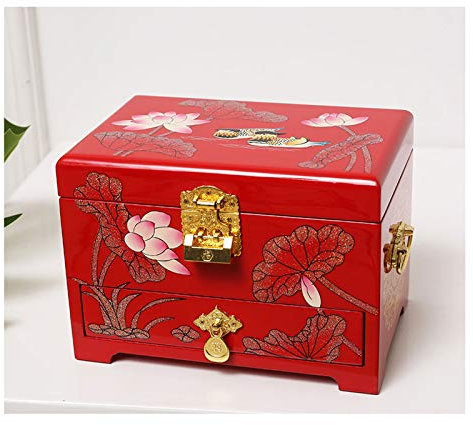 Jewellery Box Antique Jewelry Box Oriental Wooden Jewelry Box Case Storage with Red Lacquer Mirror by Hand Painted Gift for Family Friends Jewelry Case Organiser (Color : Gold)