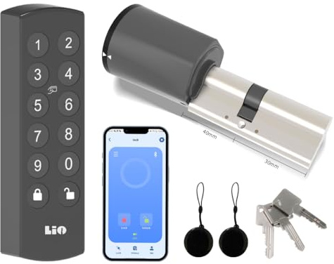 Lio Home Smart Lock, Elektronisches Türschloss mit Tastatur, Schließzylinder 30/40, Tür Entsperren über NFC-Karten, Zahlencode, APP, Schlüssel, Smartes Türschloss mit Akku und Ladegerät.