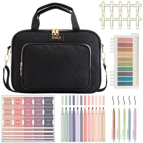 Bible Cover for Women Bible Case, Large Bible Bag, Bible Study Supplies Bible Journaling Kit Book Carrying Case with Bible Highlighters Tabs, Valentines Day Christian Gifts for Women (Black)