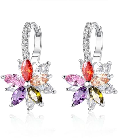 Josfeva Dangle Hoop Earrings Women, Double Flower Earrings Hoop Hanging | with Light Green Pink Blue Yellow Purple Red Green White Colourful Cubic Zirconia, Hypoallergenic Cartilage Hoops for Girls