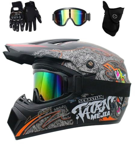 Full Face Motocross Helmet, with Goggles Gloves Mask, Youth Men Women Off Road Motorcycle ATV Scooter Helmets, Downhill Enduro Dirt Bike MTB Crash Helmet(Matte Orange,XL/58-59CM)