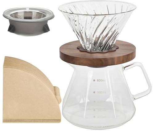 Junrvivy V60 - Set di filtri per caffè a mano, 600 ml, caraffa in vetro borosilicato, 100 pezzi V02, filtro di carta per caffè, sottobicchieri in legno, coperchio, Pour Over Dripper, caffè filtrato a