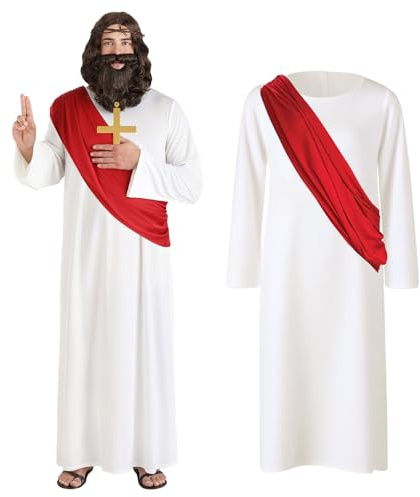 Dwafill Disfraz de Jesucristo Hombre, Túnica Blanca Bufanda y Collar con Cruz, Religiosos Disfraz Mesias Profeta Jesús Jesus de Nazaret, Fancy Dress Costume Adult Men Halloween Carnaval Cosplay