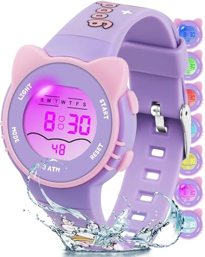 DTKID Montre Enfant Garcon Fille, Montre Digitale Enfant 7 Lumières Colorées, Chronomètre, Affichage de Date et Semaine, Mode 12/24H, 30M Étanche