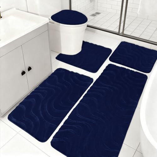 Aqzuxira Bathroom Rug Sets 5 Piece, Ultra Soft Absorbent Non-Slip Plush Bath Mats, Includes Toilet Cover, Bath Runner and U-Shaped Contour Toilet Rug, Machine Washable,Navy Blue