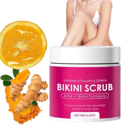 BIKINI SCRUB Exfoliante de cúrcuma – Solución contra vellos encarnados y espinillas de afeitar | Exfoliante corporal antes y después de la depilación, alisa y calma la zona del bikini para mujeres y