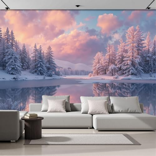 SMBHIAON Papier Peint Panoramique Artistique 250×175 Cm - Revêtement Mural Décoration Chambre Salon - Scène D'Hiver Enneigée - Bleu-Violet - Arbres Coucher De Soleil Éléments Lacustres
