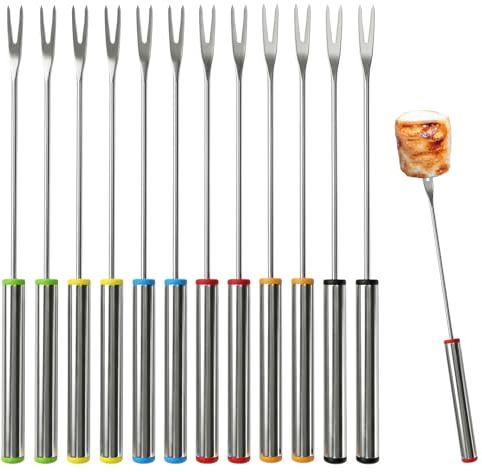 Stainless Steel Fondue Forks,12 PCS Color Coded Cheese Fondue Forks for Chocolate Fountain Cheese Fondue,Heat Resistant Smores Sticks(9.5 Inch)