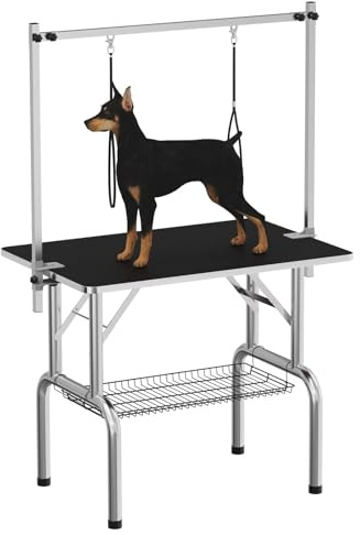 Aptliton 36 Foldable Dog Grooming Table – Portable Pet Trimming & Drying Station with Adjustable Height Arm, Nooses, and Mesh Tray – Home Bathing Table