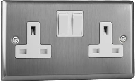 Varilight Double Switched Plug Socket - Classic Brushed Steel With White Insert, XT5W