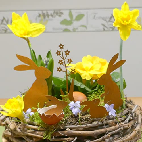 ETC dekorativer Deko-Stecker Garten-Stecker Mini Pick Hasen und Blümchen Metall edelrost Set 5 teilig