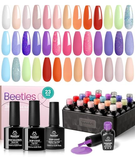beetles Gel Polish 23 Pcs Gel Nail Polish Kit with Base Top Coat, Glamour Games Collection Spring Summer Colors Gel Polish Pink Purple Orange Nail Art Soak off Gel Nail Kit Gift for Girl Manicure Kit