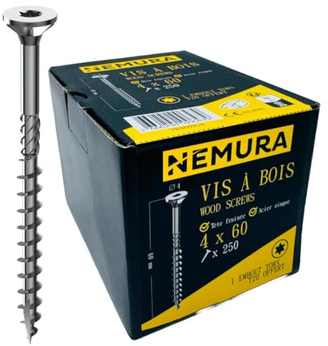 Nemura Lot de 250 Vis à Bois 4 x 60 mm - en Acier Zingué à Tête Fraisée - vis à bois Torx - Visses Spéciales pour Bois et Aggloméré- Haute Qualité Durable - Marque Francaise.