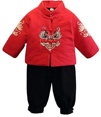 Mud Kingdom Traditional Little Boy Winter Outfits Tang Style Chinese New Year Suit Fleece Red 5T