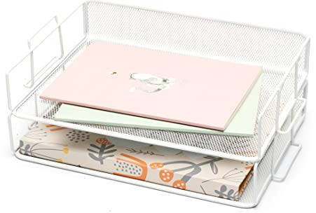 Exerz Bandeja Portadocumentos 2 Piezas de Malla - Apilable/Bandeja Oficina/Clasificador de Papel/Escritorio Organizador Multifuncional/Soporte de Archivo para Oficina, Escuela (2 Piezas Blancas)