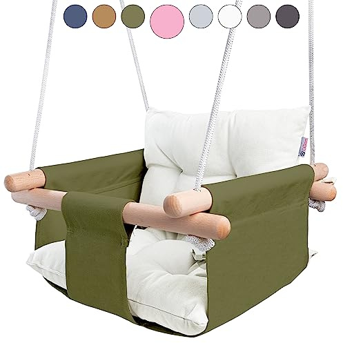 CaTeam - Babygunga i canvas och trä, hängande gungstol med säkerhetsbälte, hållbar babyhängstol, utomhus och inomhus, gunga för barn, monteringshårdvara ingår, Grön