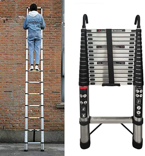 Rigogo Échelle télescopique de 5 m avec 2 crochets, échelle de grenier en acier inoxydable, design télescopique, échelle extensible portable, charge maximale de 150 kg