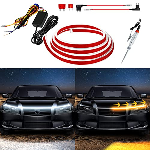 Tira de luz LED para el capó del coche, kit de haz de encendido dinámico de doble color, luces LED de circulación diurna blancas y ámbar, luces direccionales secuenciales para coches, camiones, SUV
