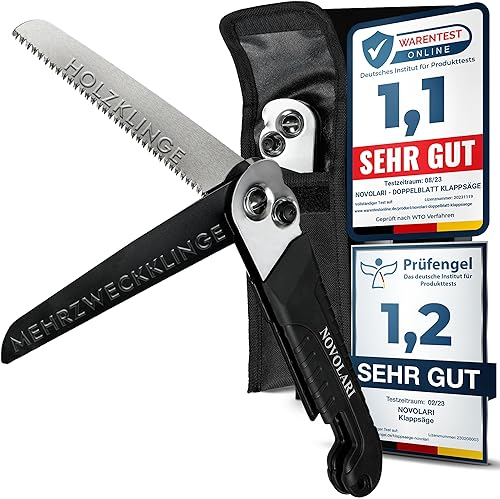 Novolari® Sierra plegable premium de 20 cm, cuchillas japonesas patentadas, irrompibles, incluye funda para cinturón, sierra 2 en 1 para madera, aluminio, plástico, supervivencia, exterior, camping,
