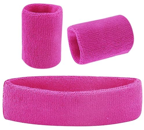 Juego de 3 bandas para el sudor rosas con muñequeras deportivas, juego de diadema de algodón de rizo suave y grueso para niñas, bandas deportivas de tela atlética para niños (1 diadema y 2 muñequeras)