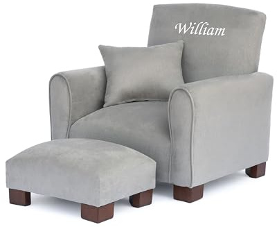 Toddler Personalized Armchair, Kids Upholstered Rocking Chair with Personalization, Toddler Chair with Personalized Name, Comfy Child Armchair, (Grey Suede, Legs)