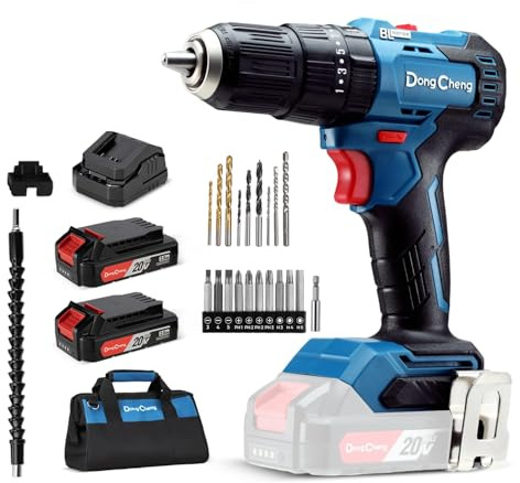 Dong Cheng 20V Brushless Heavy-duty Impact Drill, 443 in-lbs, 27000 IPM, 1/2 Keyless Metal Chuck, 20+1+1 Clutch, Cordless Hammer Drill with 2 Battery Kit for Drilling Brick Wall, Metal, Wood