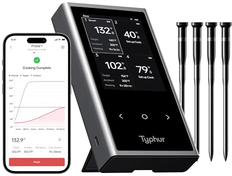 Typhur Sync Wireless Meat Thermometer Quad | 4 Probes | 6 Sensors | LCD Display | WiFi and Bluetooth 5.3 | Improved Stability and Range | IPX8 Waterproof | for BBQ, Grill, Smoker, Oven, Kitchen