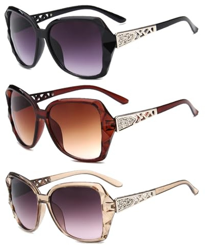 YFHUVB 3 Pcs Women Sunglasses, Women Large Sunglasses Vintage Fashion Ladies Sunglasses UV400 Oversized Sun Glasses Eyewear Retro Trendy Ladies Sunglases Sparkling Large Frame SungLasses for Women