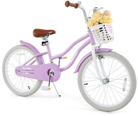BABY JOY Kids Bike, 20 Inch Boys Girls Bike for 8+ Years Old w/Kickstand, Adjustable Seat, Removable Basket, Handbrake and Coaster Brake, Kids Bicycle (Purple)