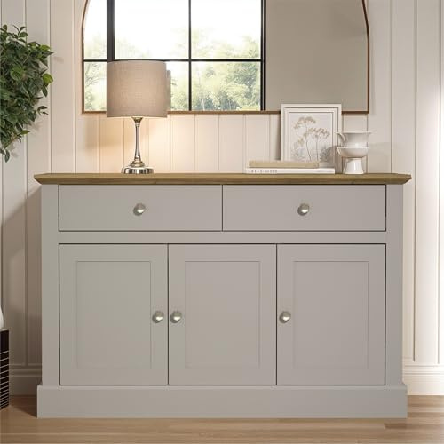 Galano Surrey 3 Door 2 Drawer Sideboard – Freestanding Storage Cabinet with Drawers and Cupboards for Living Room, Hallway, Entryway, or Kitchen – Grey/Oak