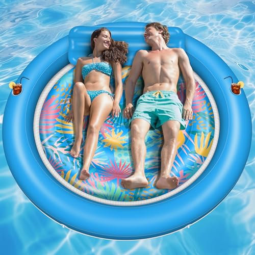 IEEILULU Materassino Piscina Gonfiabile, Materasso Gonfiabile Matrimoniale Piscina, Galleggianti Gonfiabili per Adulti, Galleggiante Materasso con Portabibite e Poggiatesta per Piscina Estiva