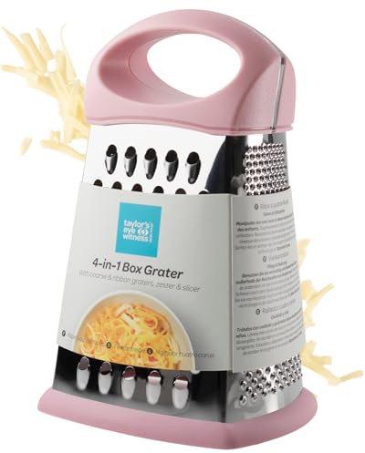 Taylor's Eye Witness Professional 4-Sided Box Grater – 20cm Stainless Steel Hand-Held Cheese Grater, Zester & Slicer with Non-Slip Base for Vegetables, Citrus Fruit, Coconut. Cherry Blossom Coloured.