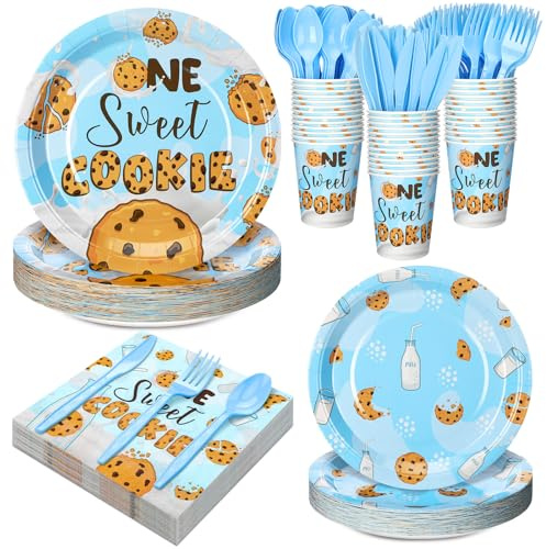 Yungyan 252 Pcs Milk and Cookies Birthday Party Tableware Set One Sweet Cookie Plates Napkins Cups Forks Knives Spoons for 1st Birthday Party Decorations Supplies 36 guests