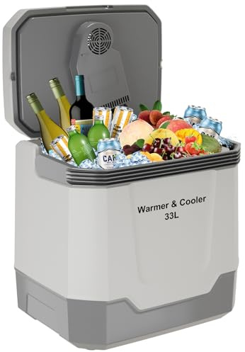 GarveeTech 35 QT (33 L) Electric Cooler & Warmer, Portable Car Refrigerator With Automatic Locking Handle, 12V Car Cooler for Vehicle & Trucks, 110V AC Home Power Cord, Plug In Coolers, Grey