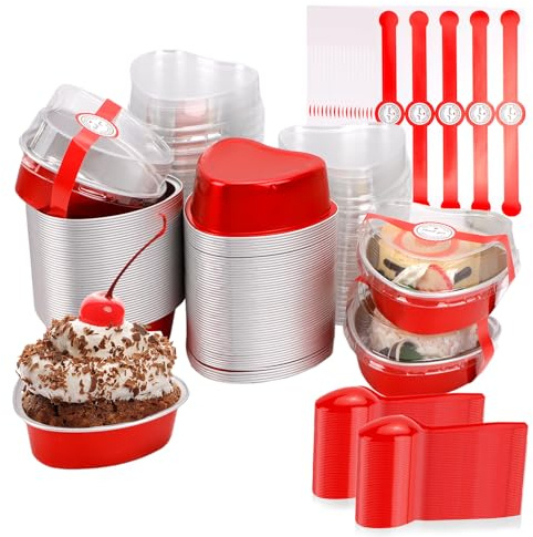 Lot de 100 Mini Moules à Pain, Forme de Cœur avec Couvercles, Moules de Cuisson en Aluminium, Plats à Dessert, pour Pain, Gâteaux, Cupcakes, Muffin, Pique-nique, Cheesecake, barbecue Noël, fête