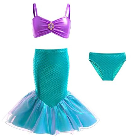 Lito Angels Disfraz de Sirena para Niñas Pequeñas 3 Piezas, Traje de Baño con Falda Brillante de Cola y Top de Bikini para Fiesta en la Piscina, Verde, Talla 2-3 Años