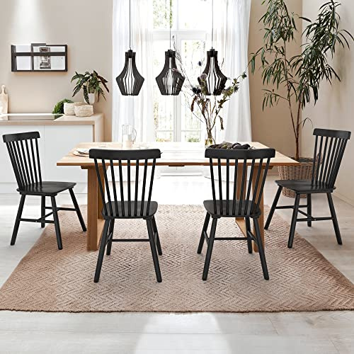 LUE BONA Esszimmerstühle 4er Set, Massivholzstuhl mit Spindel Rückenlehne, Klassische Windsor Küchenstühle für Esszimmer & Wohnzimmer, Schwarz